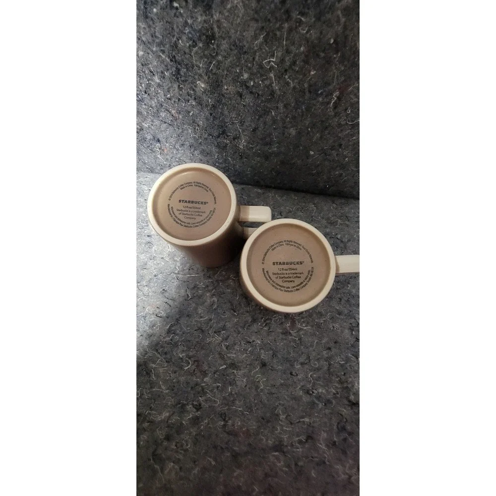 2016 Starbucks Light‎ Brown White Engraved Logo Coffee/Tea Mug 12 Oz Set of 2